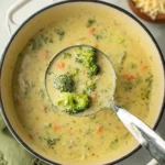 High protein broccoli cheddar soup in a ladle over a creamy soup pot