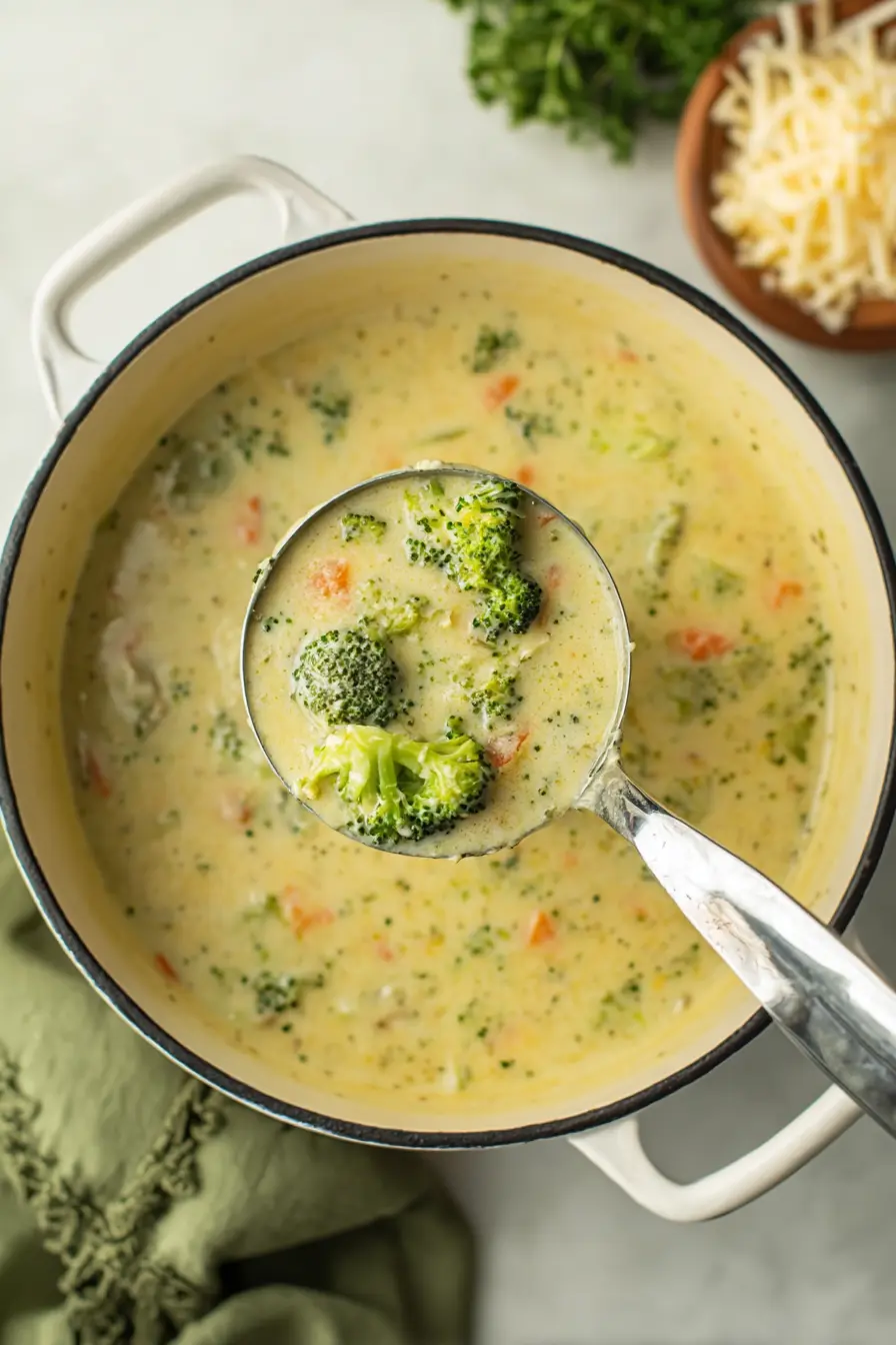 High protein broccoli cheddar soup in a ladle over a creamy soup pot