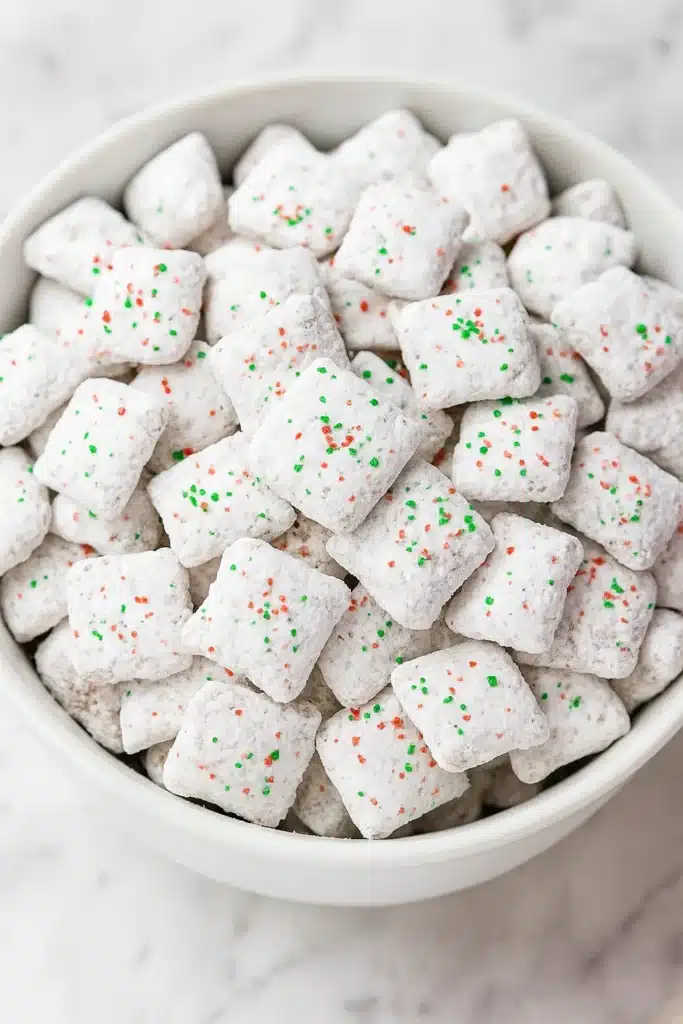 Holiday Puppy Chow Recipe | Easy, Festive & Addictive Snack 8 Close-up of Holiday Puppy Chow with powdered sugar and red-green sprinkles