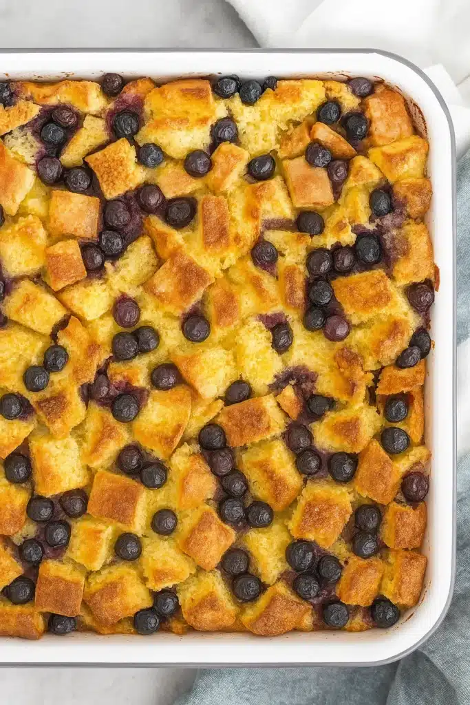 Blueberry French toast casserole with golden bread and baked blueberries