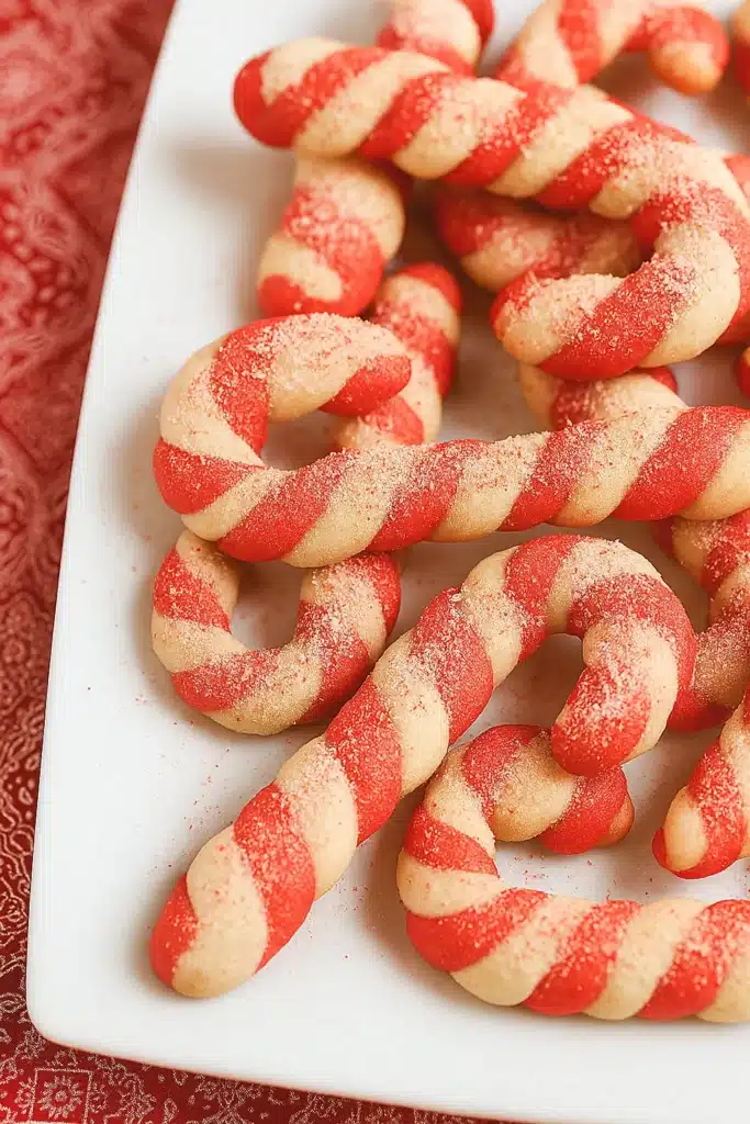 Christmas candy cane cookies with red and white twists on a white plate