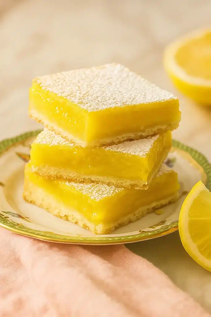 Lemon Bars Recipe | Simple, Bright & Delicious Dessert 7 Stack of lemon bars with powdered sugar on floral plate