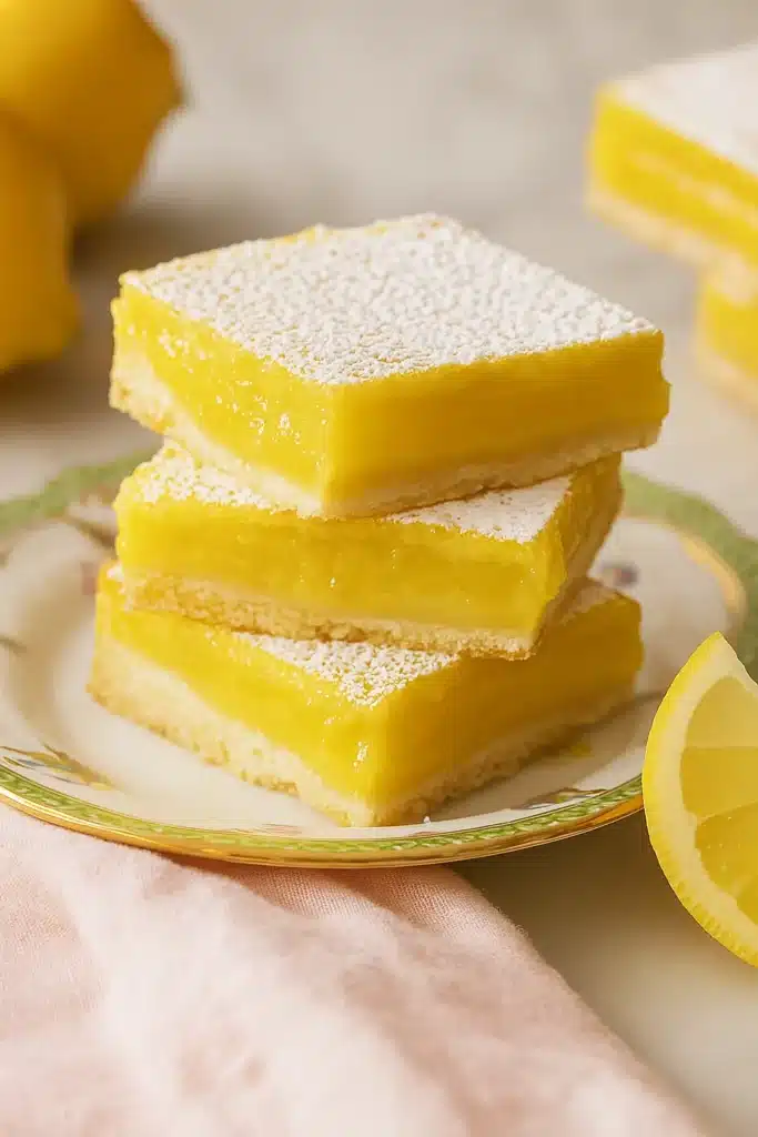 Stack of lemon bars with powdered sugar on floral plate