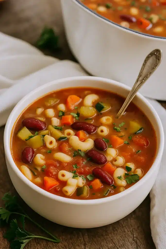 Amazing Minestrone Soup (Olive Garden Copycat) 10 Bowl of minestrone soup with vegetables, beans, and pasta
