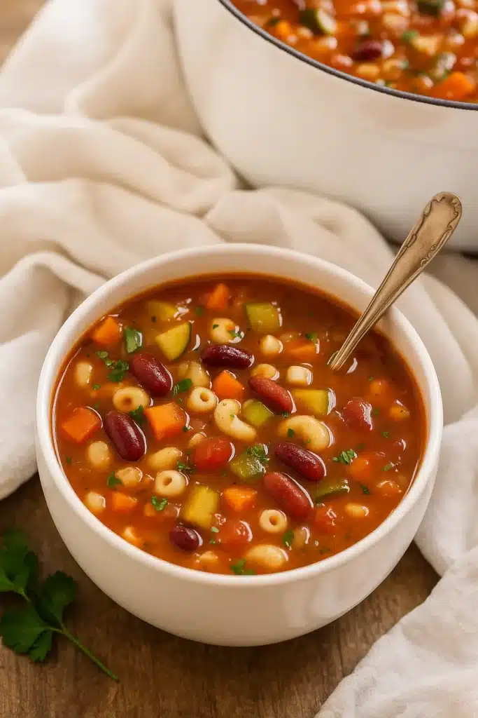 Amazing Minestrone Soup (Olive Garden Copycat) 8 Bowl of minestrone soup with vegetables, beans, and pasta