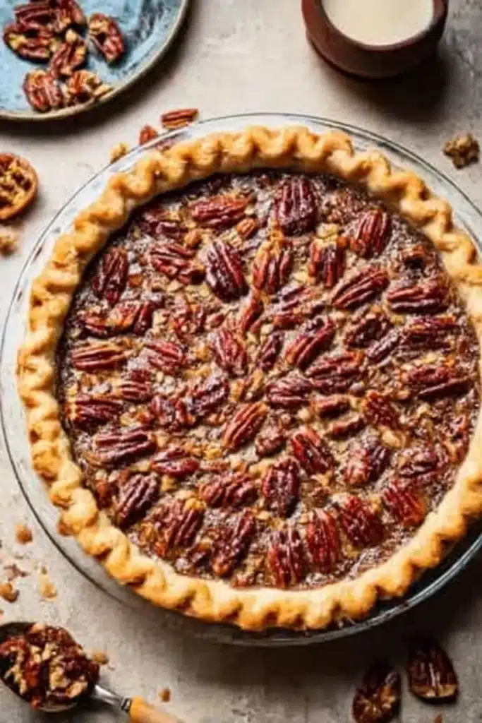 Homemade pecan pie recipe with golden crust and glossy pecan filling