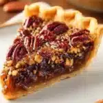 Slice of homemade pecan pie with golden crust and glossy pecan filling
