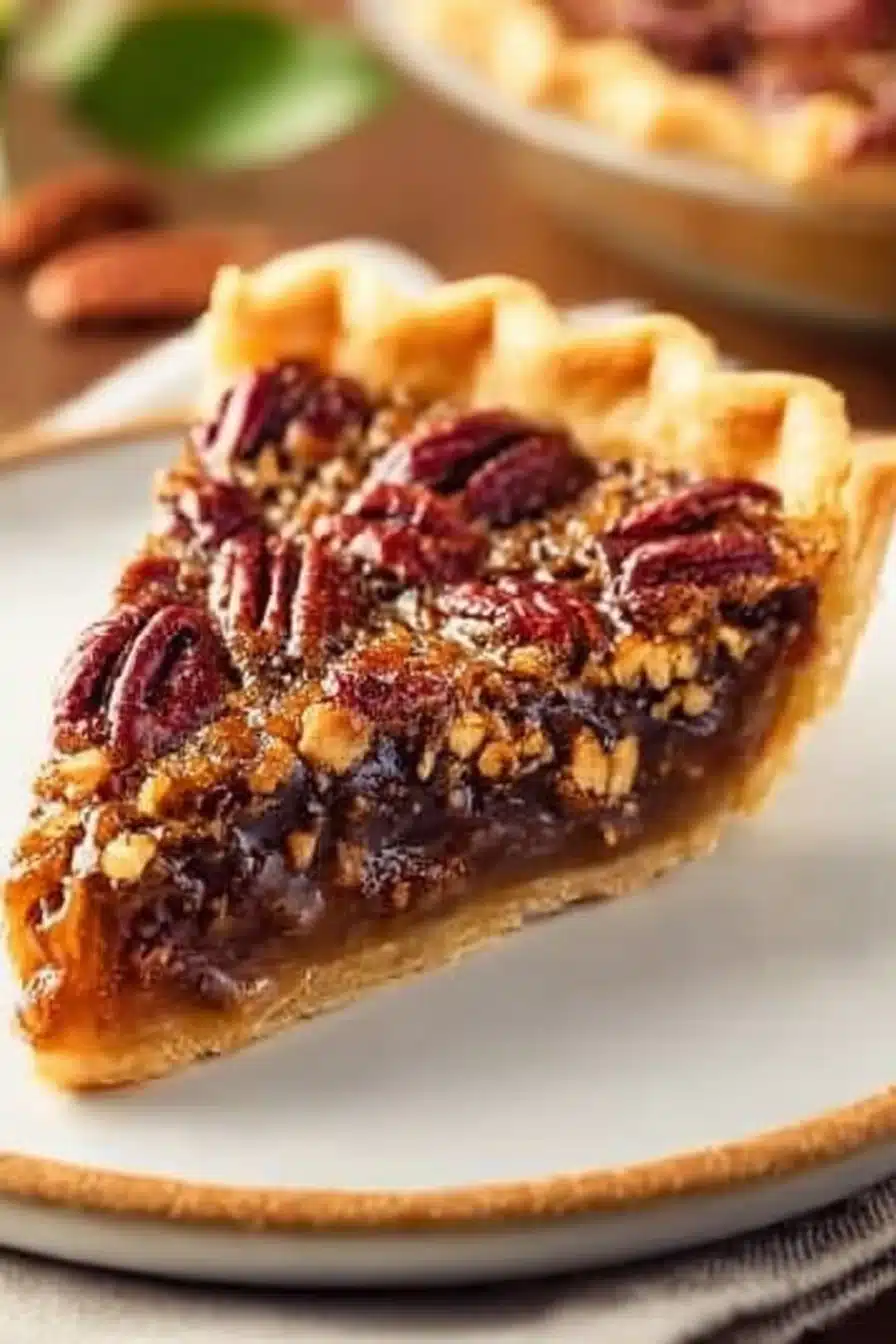 Slice of homemade pecan pie with golden crust and glossy pecan filling
