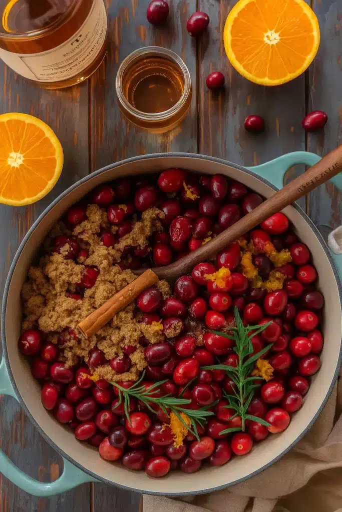 Top-down view of cranberries, brown sugar, rosemary, and bourbon ingredients for honey bourbon cranberry sauce