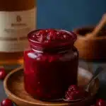 Rustic jar of honey bourbon cranberry sauce with cranberries and bourbon bottle