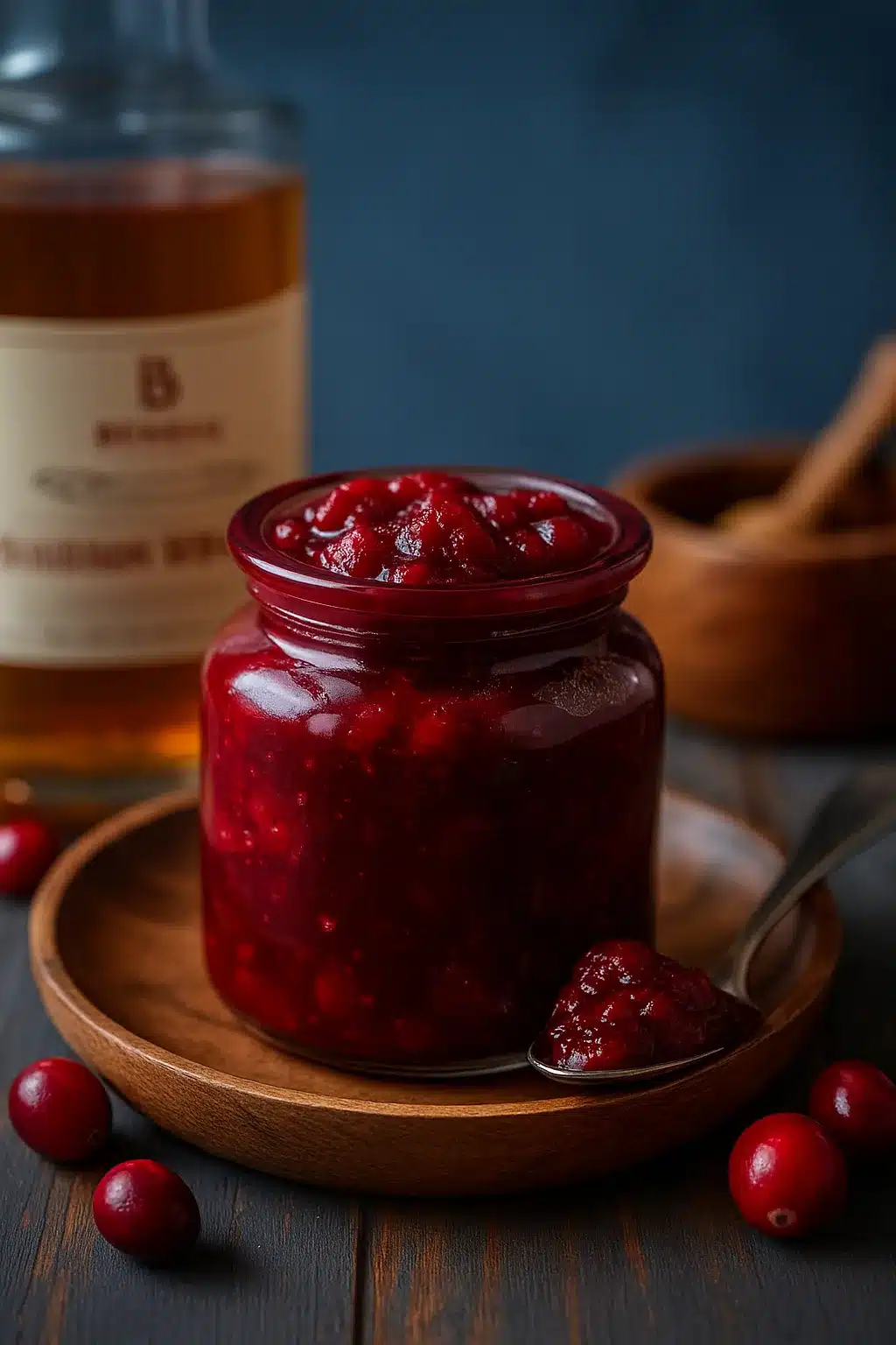 Rustic jar of honey bourbon cranberry sauce with cranberries and bourbon bottle
