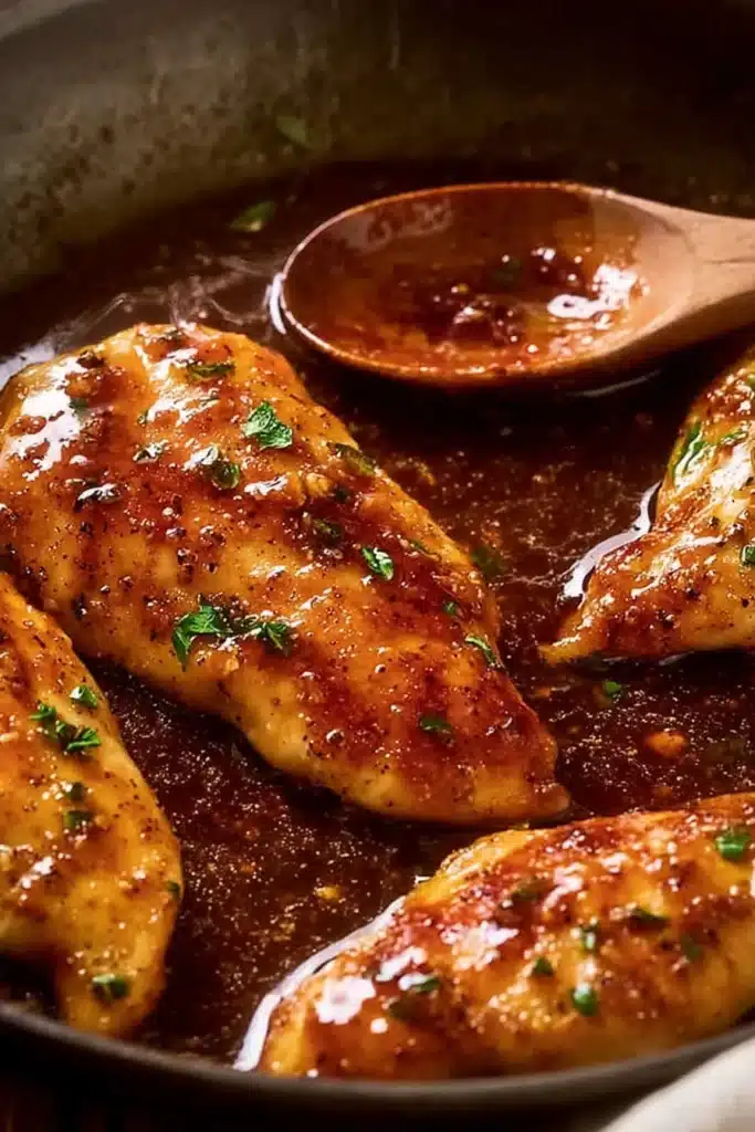 Honey garlic chicken breasts glazed with golden sauce in a skillet