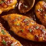 Honey garlic chicken breasts glazed with golden sauce in a skillet