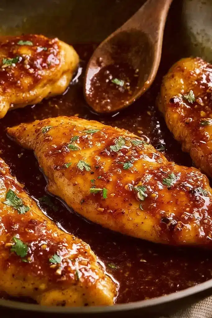 Honey garlic chicken breasts glazed with golden sauce in a skillet
