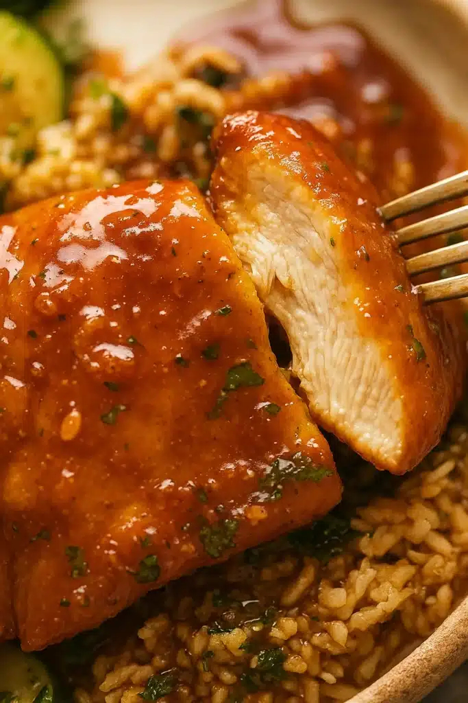 Fork cutting honey garlic chicken over rice
