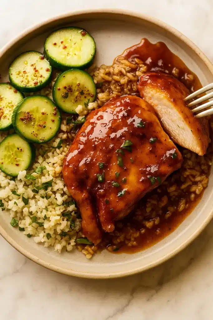 Honey garlic chicken with rice and cucumber salad on a plate