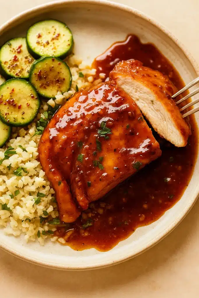 Honey garlic chicken with rice and cucumber salad on a plate