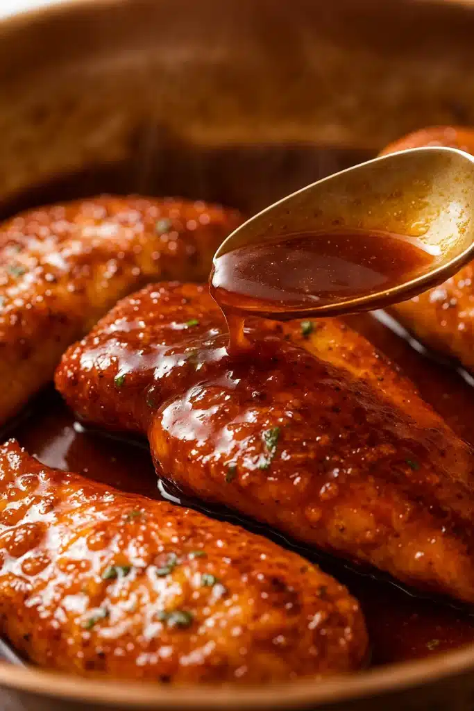 Spoon pouring honey garlic sauce over golden chicken