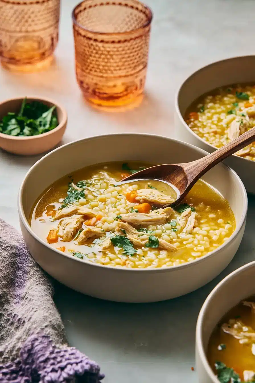 Bowl of Italian Penicillin Soup with chicken, pastina, and herbs