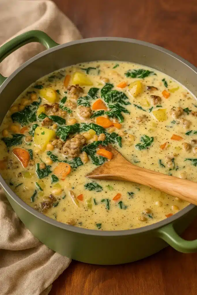 Italian Sausage and White Bean Soup | Delicious & Comforting 8 Creamy Italian sausage and white bean soup cooking in green pot