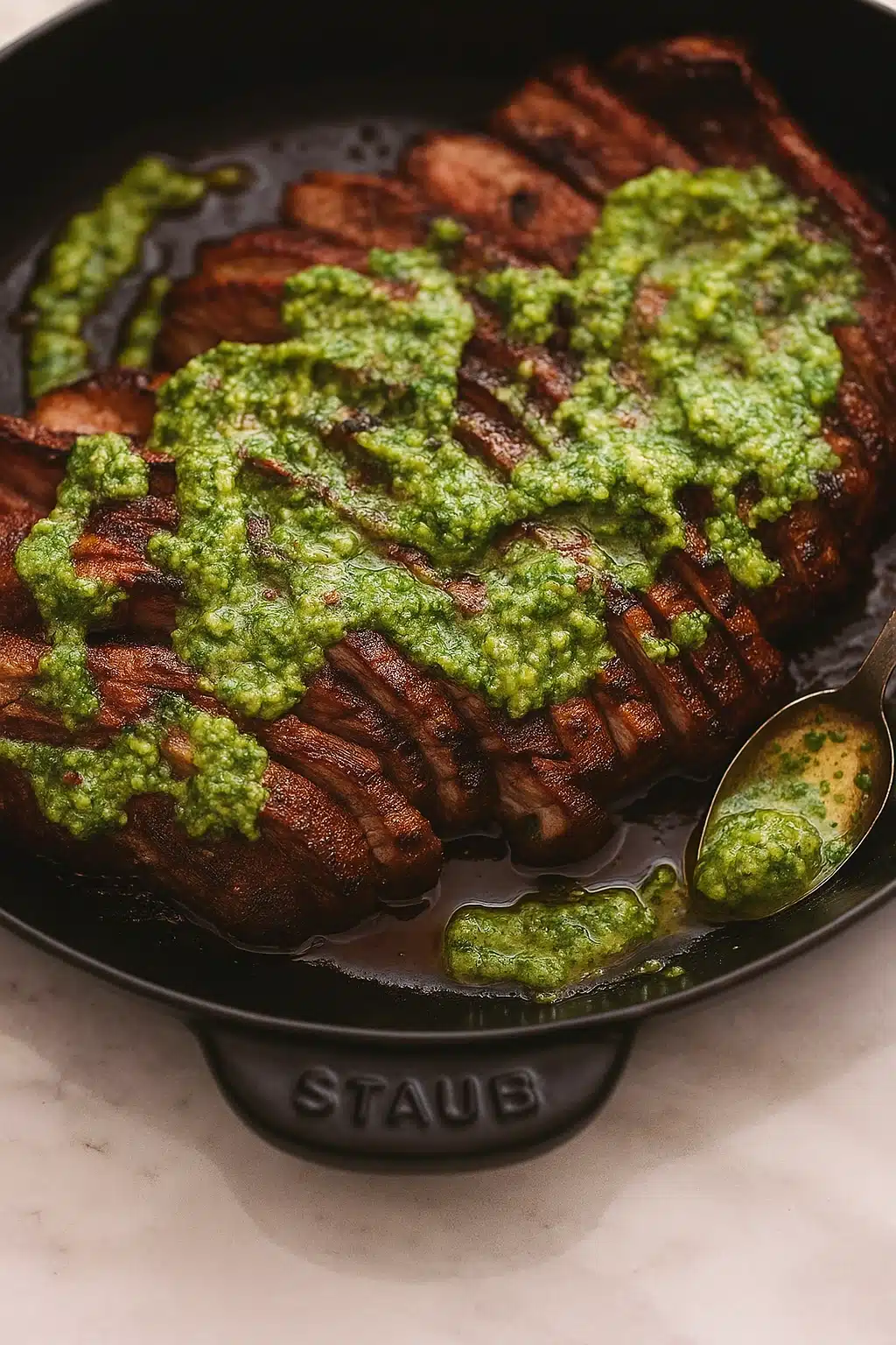 Chimichurri flank steak with green sauce in rustic skillet