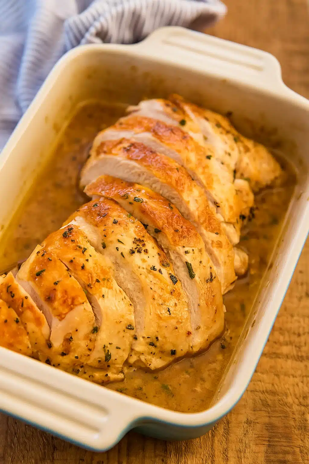 Sliced roasted turkey breast in creamy baking dish with herb butter sauce