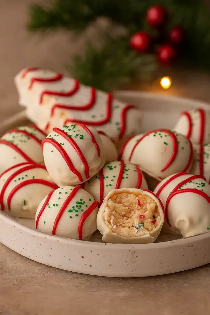 Amazing Little Debbie Christmas Tree Cake Truffles Recipe 9 Christmas tree cake truffles with white chocolate coating, red drizzle, and green sprinkles
