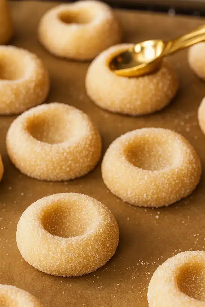 Classic Thumbprint Cookies – Easy, Sweet & Irresistible 10 Thumbprint cookie dough with indents made using a spoon