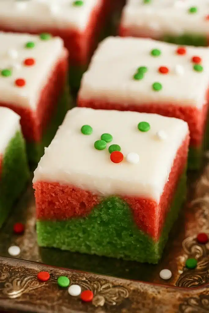 Marble Sugar Cookie Bars – Festive & Easy Holiday Treat 8 Close-up of marble sugar cookie bars with white frosting and sprinkles
