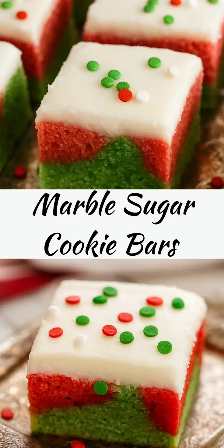 Marble sugar cookie bars with red and green layers and white frosting