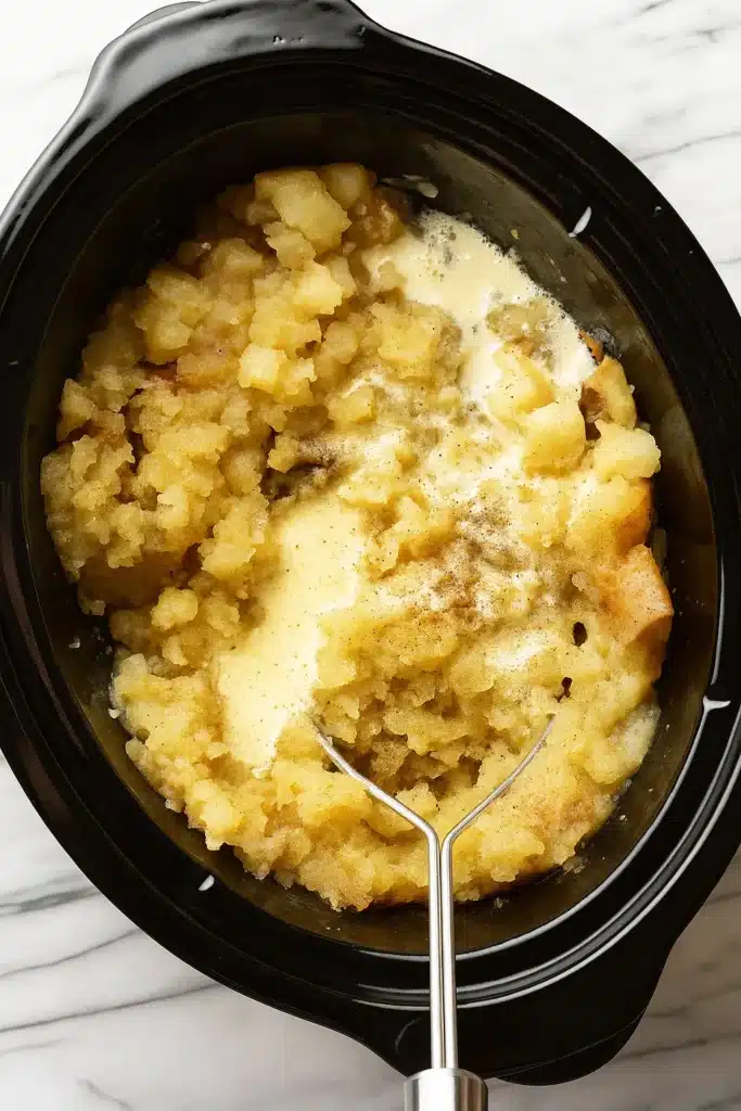 Crockpot mashed potatoes being mashed with butter and cream in slow cooker