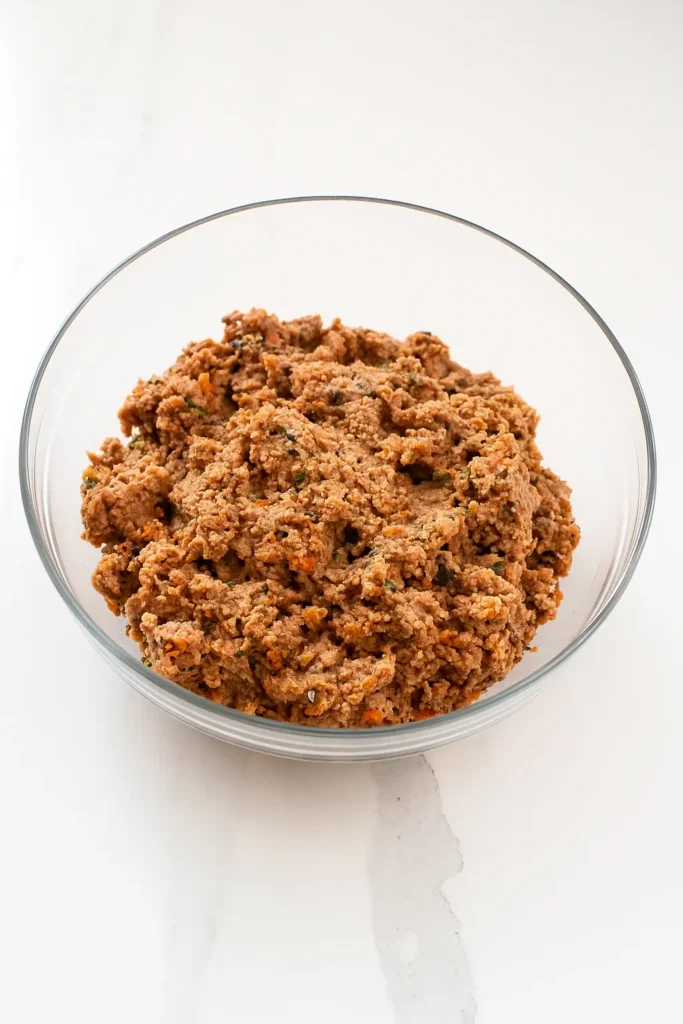 Vegetarian meatloaf mixture in a glass mixing bowl