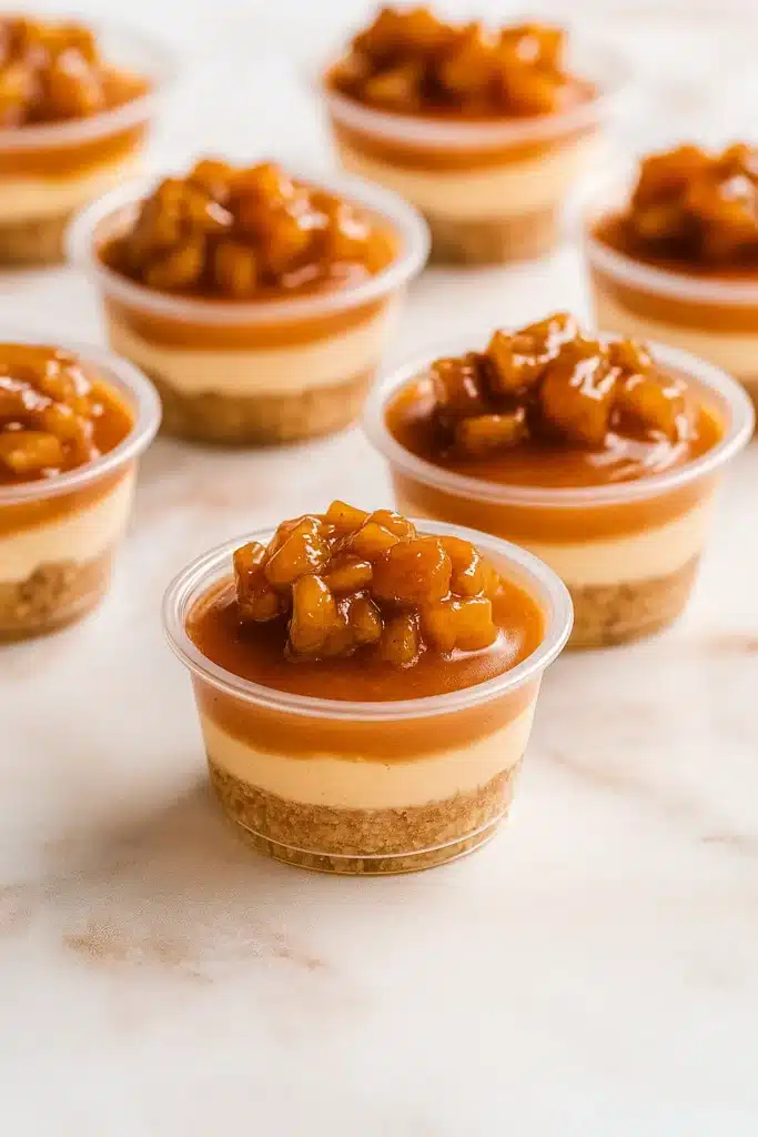 Mini caramel apple dessert cups layered with caramel mousse and cinnamon apples