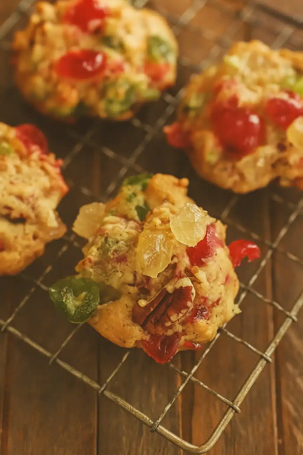 Old fashioned fruitcake cookies with candied cherries and pecans on cooling rack