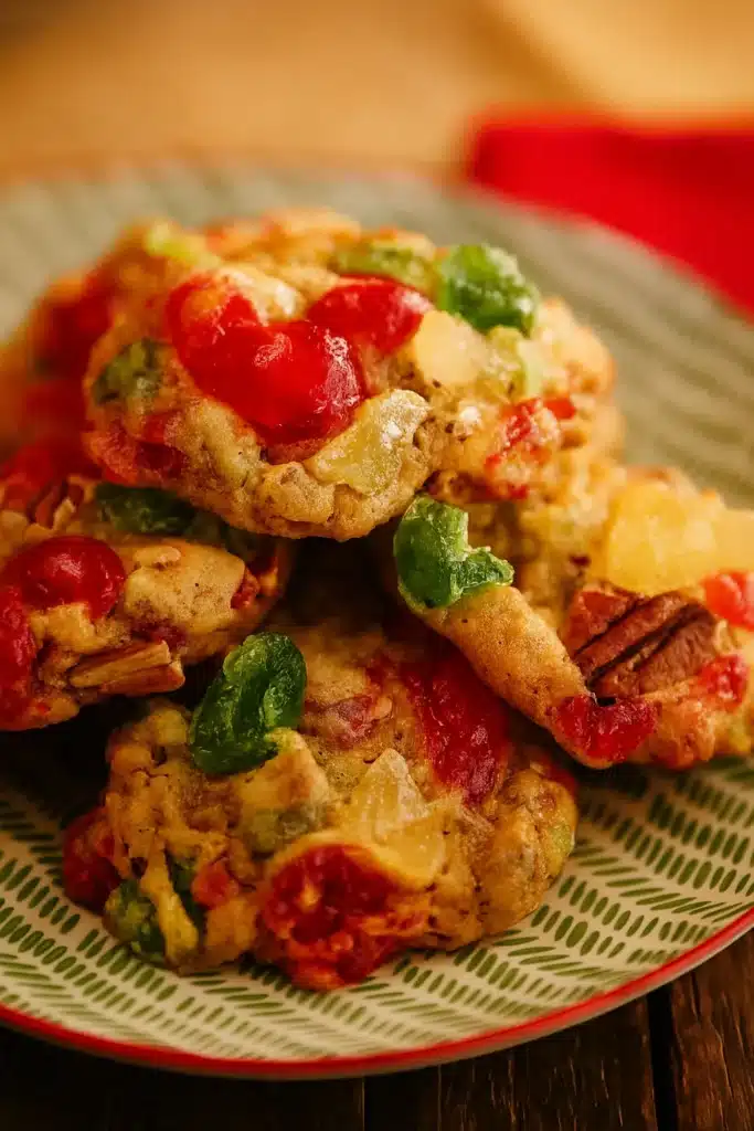 Old fashioned fruitcake cookies on patterned plate with candied cherries and pecans
