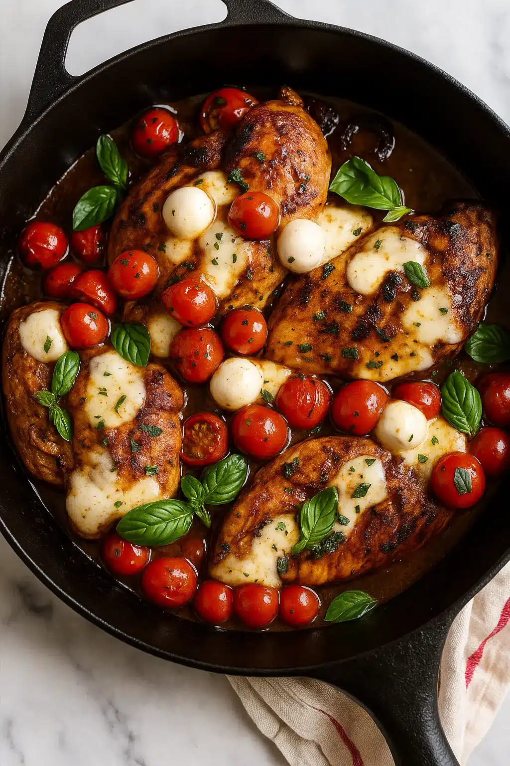 one pan balsamic chicken with mozzarella, tomatoes, and basil in cast iron skillet