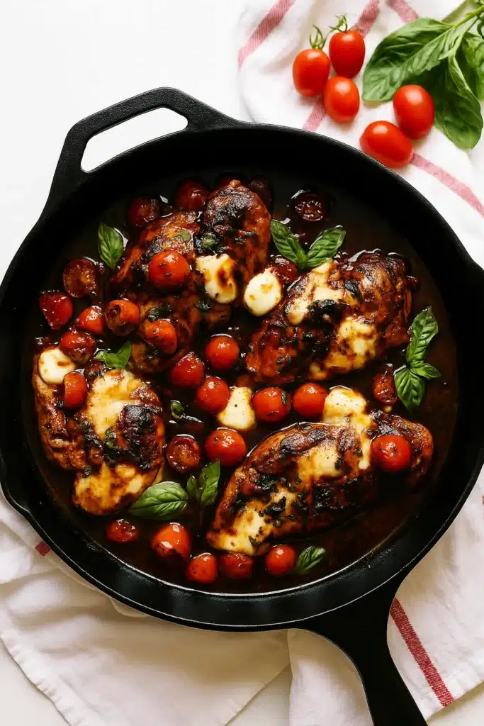 One Pan Balsamic Chicken | Amazing Weeknight Dinner Recipe 10 one pan balsamic chicken with mozzarella, basil, and cherry tomatoes in cast iron skillet
