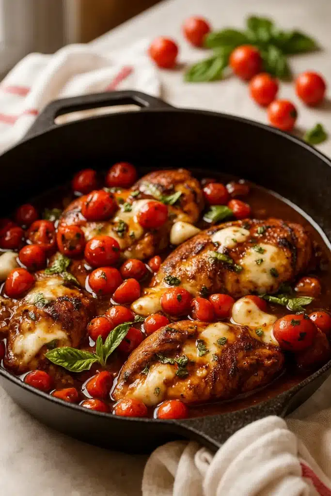 One Pan Balsamic Chicken | Amazing Weeknight Dinner Recipe 7 one pan balsamic chicken with mozzarella and tomatoes in cast iron skillet