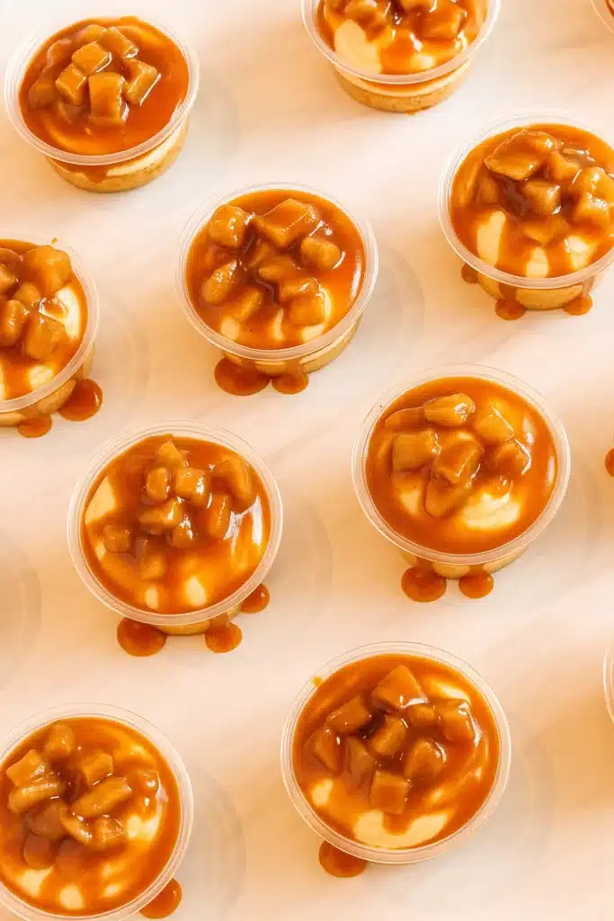 Overhead view of caramel apple dessert cups with caramel mousse and apples