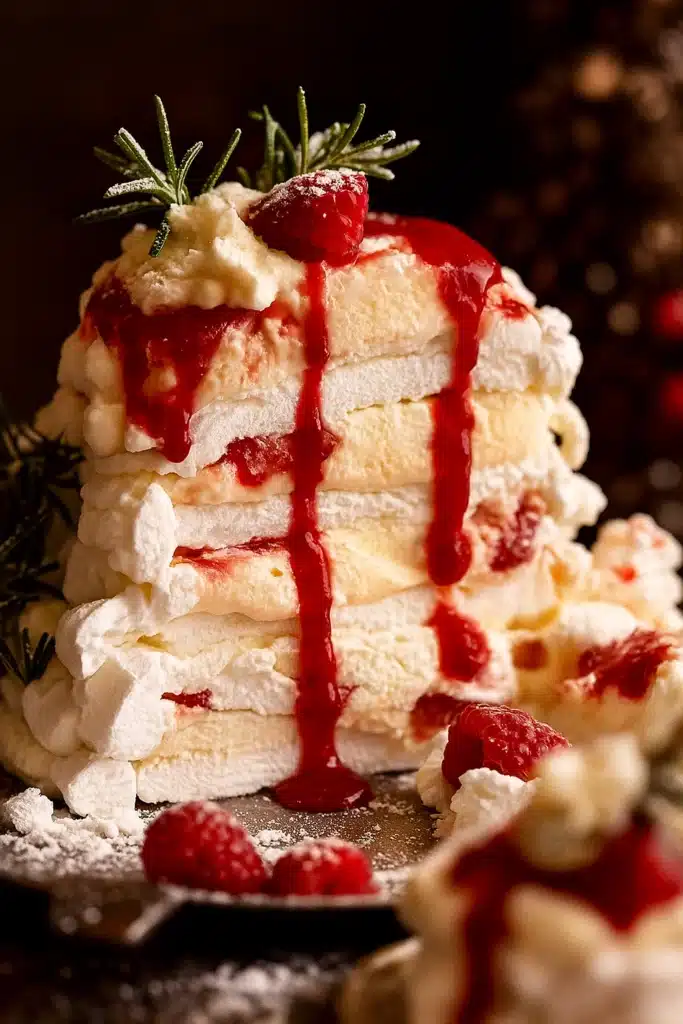 Slice of pavlova Christmas tree dessert with cream and raspberry coulis