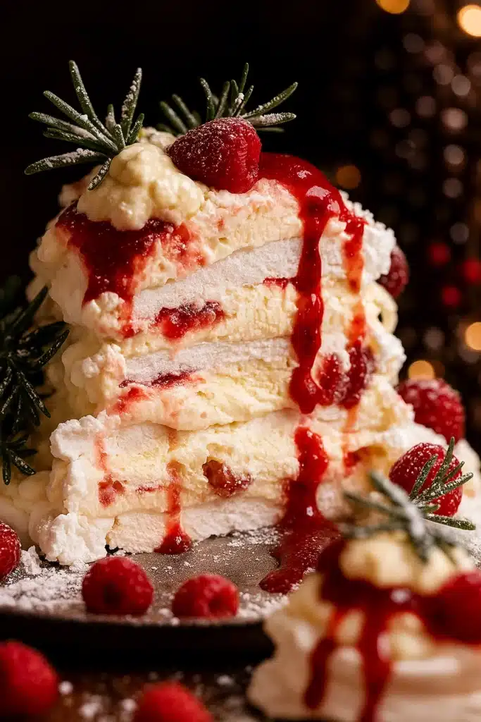 Slice of Pavlova Christmas Tree dessert with cream and raspberry coulis
