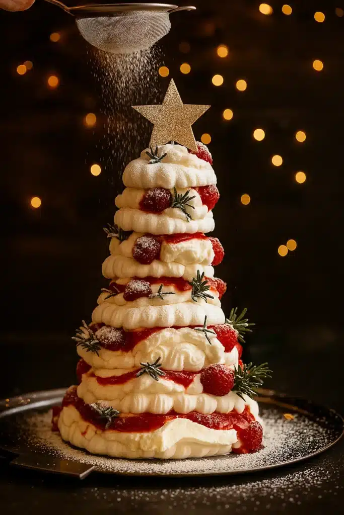 Pavlova Christmas Tree dessert dusted with powdered sugar and topped with a gold star