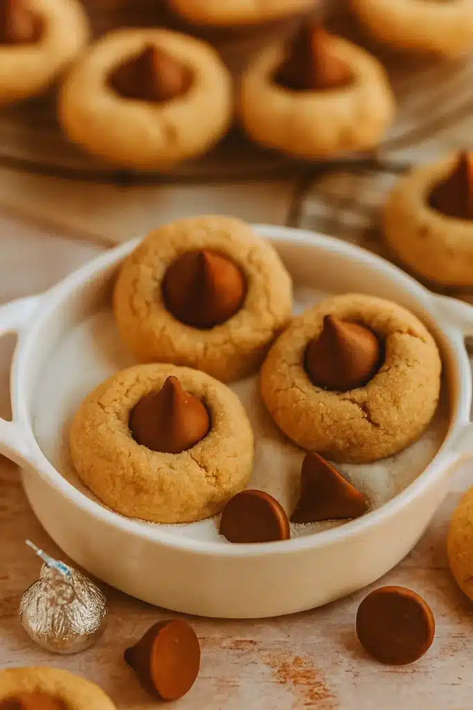 Peanut Butter Blossoms cookies with chocolate centers in white bowl