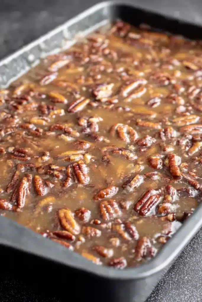 Pecan Pie Brownies – Irresistibly Gooey Thanksgiving Dessert 11 Pecan Pie Brownies with gooey pecan pie filling in baking pan