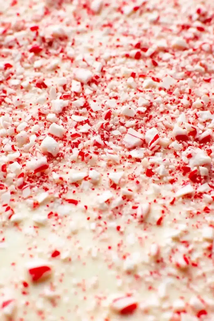 Close-up of crushed peppermint on white chocolate bark