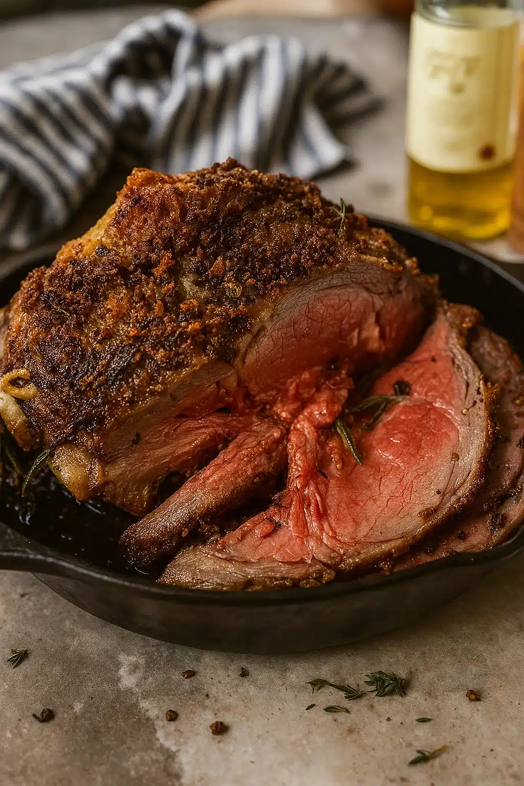 Juicy prime rib with garlic herb crust in cast-iron skillet