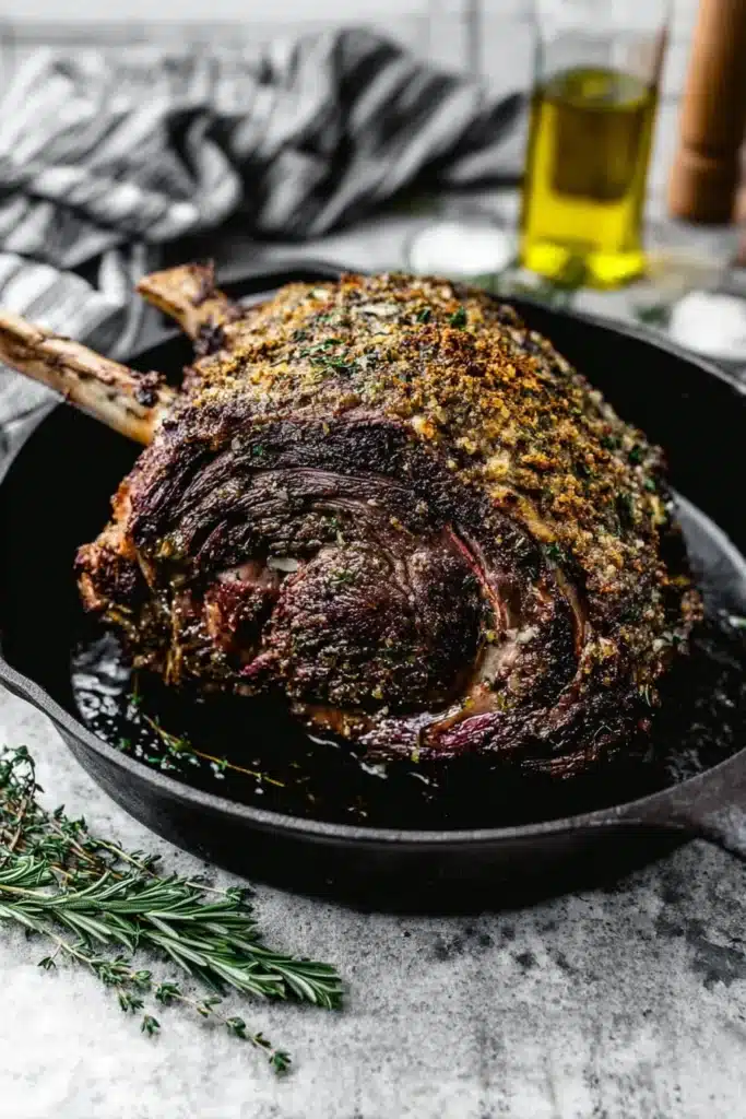 Perfect Prime Rib (Foolproof Method for Juicy, Tender Roast) 17 Roasted prime rib with garlic herb crust in cast-iron skillet