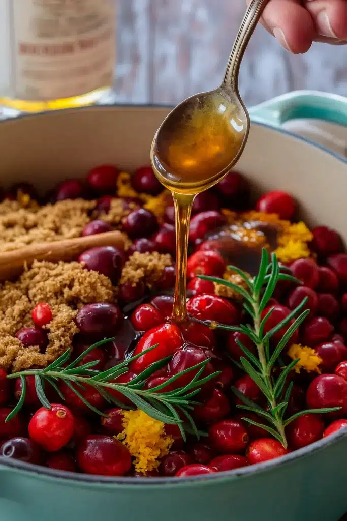 Pouring honey into pot with cranberries, rosemary, and brown sugar for honey bourbon cranberry sauce