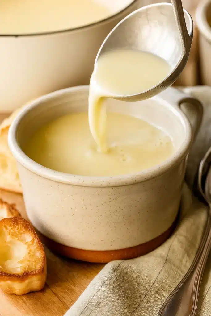 Ladle pouring creamy French garlic soup into a ceramic bowl