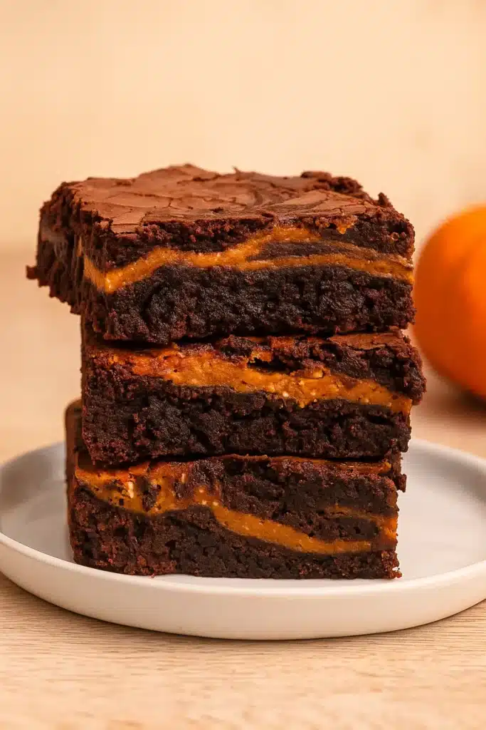 Stack of fudgy pumpkin brownies with chocolate and pumpkin swirl on white plate